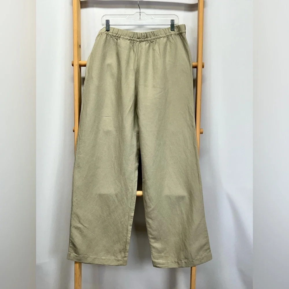 H&M Khaki drawstring waist Linen blend wide leg pants size L.